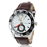 Classcial PU Quartz Wrist Watch With Brown Band For Men