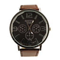 Classic Style PU Leather Band Big Dial Women Men Wrist Watch - Brown