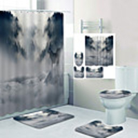 Clouds And Gray Wolf Mountain Digital Printing Four-piece Set Shower Curtains and Hooks Modern Polyester Machine Made Waterproof Bathroom
