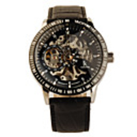 Colouring Leather Band Mechanical Self-winding Wrist Watch with Luminous Hand Black