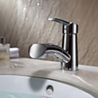 Contemporary Art Deco/Retro Centerset Pullout Spray Ceramic Valve Single Handle One Hole Chrome,  Bathroom Sink Faucet
