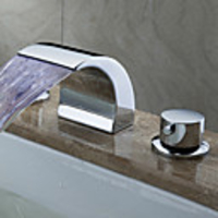 Contemporary Art Deco/Retro Modern Widespread Waterfall Widespread LED Ceramic Valve Two Handles Three Holes Chrome,  Bathroom Sink Faucet
