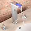 Contemporary Art Deco/Retro Modern Widespread Waterfall Widespread LED Ceramic Valve Two Handles Three Holes Chrome,  Bathroom Sink Faucet