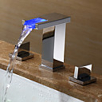 Contemporary Art Deco/Retro Modern Widespread Widespread LED Ceramic Valve Two Handles Three Holes Chrome,  Bathroom Sink Faucet