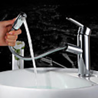 Contemporary Centerset Pullout Spray Ceramic Valve Single Handle One Hole Chrome,  Bathroom Sink Faucet