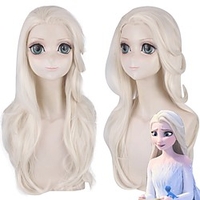 Cosplay Costume Wig Cosplay Wig Elsa Frozen II Bouncy Curl With Ponytail Wig Blonde Long Light golden Synthetic Hair 24 inch Women