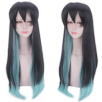 Cosplay Costume Wig Cosplay Wig Tokitou Muichirou Demon Slayer kinky Straight Asymmetrical With Bangs Wig Medium Length Black Synthetic Hair 32 inch Men