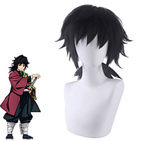 Cosplay Costume Wig Cosplay Wig Tomioka Giyuu Demon Slayer kinky Straight With Bangs With Ponytail Wig Long Black Synthetic Hair 24 inch Men