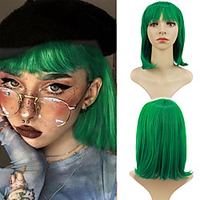 Cosplay Costume Wig Synthetic Wig Cosplay Wig Wavy Natural Straight Neat Bang Wig fluorescent green Synthetic Hair Women