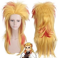 Cosplay Costume Wig Synthetic Wig Rengoku Kyoujurou Demon Slayer Curly With Ponytail Wig Blonde Long Blonde Synthetic Hair 22 inch Men