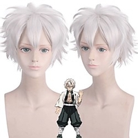Cosplay Costume Wig Synthetic Wig Shinazugawa Sanemi Demon Slayer Silky Wavy With Bangs Wig Short Sliver White Synthetic Hair 10 inch Men