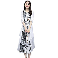 cotton and linen dress 2021 new loose ethnic style ink painting two-piece linen over-the-knee vest suit skirt miniinthebox