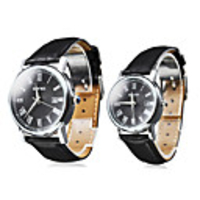 Couple Calendar Style PU Analog Quartz Wrist Watches (Black)