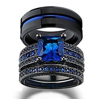 Couple Rings Black Gold Filled Princess Cut Blue Cz Womens Wedding Ring Man Tungsten Wedding Band miniinthebox
