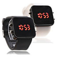 Couple Silicone Band Jelly Sport Style Square Mirror LED Wrist Watch - Black White