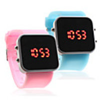 Couple Silicone Band Jelly Sport Style Square Mirror LED Wrist Watch - Light Blue Pink