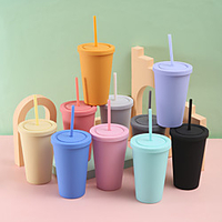 Creative Double-Layer Plastic Cup Flat Rubber Paint Water Cup 450ml Car Portable Sports Frosted Straw Cup miniinthebox