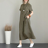 cross-border new polo collar solid color cotton and linen lapel short-sleeved long skirt loose large size pocket women