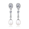 crystal sterling silver freshwater pearl 9mm teardrop dangle earrings bridal ear studs betrothal jewels (white)