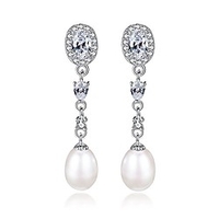 crystal sterling silver freshwater pearl 9mm teardrop dangle earrings bridal ear studs betrothal jewels (white)