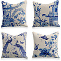 Cushion Cover 4PCS Linen Soft Decorative Square Throw Pillow Cover Cushion Case Pillowcase for Sofa Bedroom 45 x 45 cm (18 x 18 Inch) Superior Quality Mashine Washable Blue And White Porcelain Flowers
