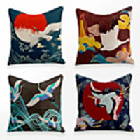 Cushion Cover 4PCS Linen Soft Decorative Square Throw Pillow Cover Cushion Case Pillowcase for Sofa Bedroom 45 x 45 cm (18 x 18 Inch) Superior Quality Mashine Washable Chinese Style Crane