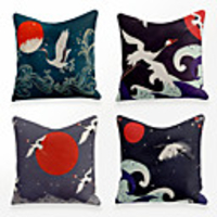 Cushion Cover 4PCS Linen Soft Decorative Square Throw Pillow Cover Cushion Case Pillowcase for Sofa Bedroom 45 x 45 cm (18 x 18 Inch) Superior Quality Mashine Washable Chinese Style Crane Sun