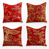 Cushion Cover 4PCS Linen Soft Decorative Square Throw Pillow Cover Cushion Case Pillowcase for Sofa Bedroom 45 x 45 cm (18 x 18 Inch) Superior Quality Mashine Washable Chinese Style Red Gold Print