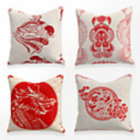 Cushion Cover 4PCS Linen Soft Decorative Square Throw Pillow Cover Cushion Case Pillowcase for Sofa Bedroom 45 x 45 cm (18 x 18 Inch) Superior Quality Mashine Washable Chinese Style Red Printed
