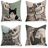 Cushion Cover 4PCS Linen Soft Decorative Square Throw Pillow Cover Cushion Case Pillowcase for Sofa Bedroom 45 x 45 cm (18 x 18 Inch) Superior Quality Mashine Washable Skeleton Cat