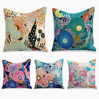 Cushion Cover 5PC Linen Soft Decorative Square Throw Pillow Cover Cushion Case Pillowcase for Sofa Bedroom 45 x 45 cm (18 x 18 Inch) Superior Quality Machine Washable Colorful Lotus