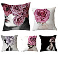Cushion Cover 5PCS Linen Soft Decoration Square Throw Pillowcase Cushion Cover Sofa Box Pillowcase 45 x 45 Cm 18 x 18 Inches High Quality Washable Woman Flowers Short Fluff