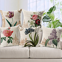 Cushion Cover 5PCS Linen Soft Decorative Square Throw Pillow Cover Cushion Case Pillowcase for Sofa Bedroom 45 x 45 cm (18 x 18 Inch) Superior Quality Mashine Washable Beauty Flowers Pattern
