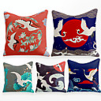 Cushion Cover 5PCS Linen Soft Decorative Square Throw Pillow Cover Cushion Case Pillowcase for Sofa Bedroom 45 x 45 cm (18 x 18 Inch) Superior Quality Mashine Washable Chinese Style Crane Clouds
