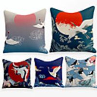 Cushion Cover 5PCS Linen Soft Decorative Square Throw Pillow Cover Cushion Case Pillowcase for Sofa Bedroom 45 x 45 cm (18 x 18 Inch) Superior Quality Mashine Washable Chinese Style Crane Sun