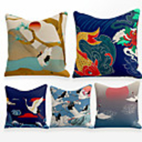 Cushion Cover 5PCS Linen Soft Decorative Square Throw Pillow Cover Cushion Case Pillowcase for Sofa Bedroom 45 x 45 cm (18 x 18 Inch) Superior Quality Mashine Washable Chinese Style Crane Sun Clouds