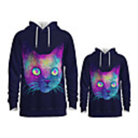Daddy and Me Active Cat Graphic 3D Print Animal Print Long Sleeve Regular Hoodie Sweatshirt Purple