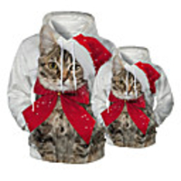 Daddy and Me Active Cat Santa Claus Graphic 3D Print Animal Print Long Sleeve Regular Hoodie Sweatshirt White