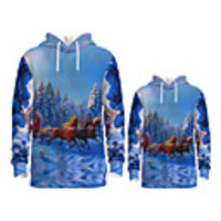 Daddy and Me Active Horse Santa Claus Graphic 3D Print Animal Print Long Sleeve Regular Hoodie Sweatshirt Blue