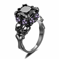dainty black skull gothic amethyst cubic zirconias ring for women,  cocktail party halloween biker skeleton jewelry purple cz black size 8