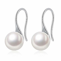 dangly flirty fashion white pearl earrings dangle drop,  sterling silver hypoallergenic pearl fish hook earrings for women girls