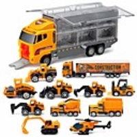 die-cast trucks engineering construction car toys fire engine truck toys gifts set - mini play vehicles car toy in carrier truck play car gifts for toddlers kids boys girls (construction truck01)