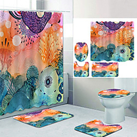 Digital Printing Four-piece Set Shower Curtains and Hooks Modern Polyester Machine Made Waterproof Bathroom