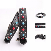 Dog Collar Adjustable Retractable Durable Outdoor Walking Polka Dot Classic PU Leather Medium Dog Black 1pc