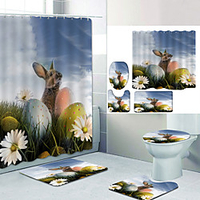 Easter Gray Rabbit Egg Digital Printing Four-piece Set Shower Curtains and Hooks Modern Polyester Machine Made Waterproof Bathroom