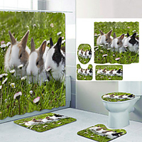 Easter Meadow Bunny Digital Printing Four-piece Set Shower Curtains and Hooks Modern Polyester Machine Made Waterproof Bathroom