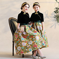 Elegant Black Stitching Floral Print Hem Short-sleeve Party Dresses for Mommy and Me miniinthebox