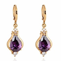 elegant unique design 18k gold filled inlay teardrop purple cubic zirconia dangle drop earrings