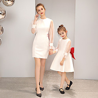 Elegant White Mesh Long-sleeve Party Dresses for Mommy and Me miniinthebox