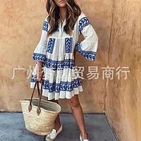 european and american cross-border foreign trade fashion printed v-neck long-sleeved pleated women